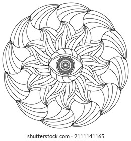 Mandala with eye, meditative spiritual coloring page with ornate petals vector illustration