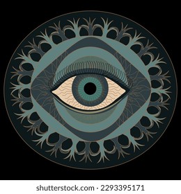 Mandala eye. Symmetrical pattern of tantric yoga. All-seeing Eye. Vector illustration.