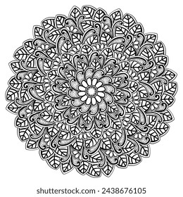 Mandala with fantasy doodle flowers and leaves, zen coloring page vector illustration with plant patterned motifs