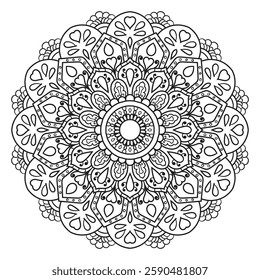 Mandala with fantasy doodle flowers and leaves, Intricate Mandala Line Art | Detailed Geometric Floral Pattern for Coloring