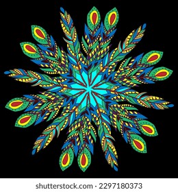 Mandala feathers decoration, doodle round ornament, isolated design element on white background. Vector geometric floral pattern. Tribal ethnic Arabic, Indian, Turkish motif