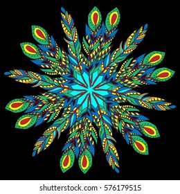 Mandala feathers decoration, doodle round ornament, isolated design element on white background. Vector geometric floral pattern. Tribal ethnic arabic, indian, turkish motif
