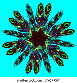 Mandala feathers decoration, doodle round ornament, isolated design element on white background. Vector geometric floral pattern. Tribal ethnic arabic, indian, turkish motif