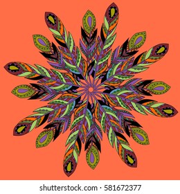 Mandala feathers decoration, doodle round ornament, isolated design element on white background. Vector geometric floral pattern. Tribal ethnic arabic, indian, turkish motif