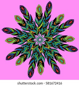 Mandala feathers decoration, doodle round ornament, isolated design element on white background. Vector geometric floral pattern. Tribal ethnic arabic, indian, turkish motif