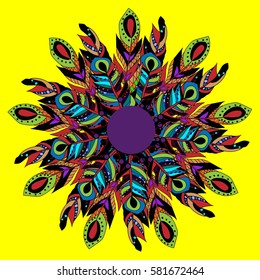 Mandala feathers decoration, doodle round ornament, isolated design element on white background. Vector geometric floral pattern. Tribal ethnic arabic, indian, turkish motif