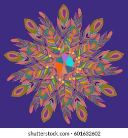 Mandala feathers decoration, doodle round ornament, isolated design element on white background. Vector geometric floral pattern. Tribal ethnic arabic, indian, turkish motif