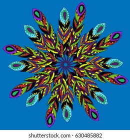 Mandala feathers decoration, doodle round ornament, isolated design element on white background. Vector geometric floral pattern. Tribal ethnic arabic, indian, turkish motif