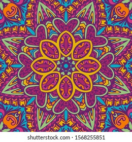 Mandala festival art seamless pattern. Ethnic geometric print. Colorful repeating background texture. Fabric, cloth design, wallpaper, wrapping