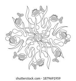 Mandala with fish and abstract sea plants. Coloring book for children and adults. Vector illustration, black and white