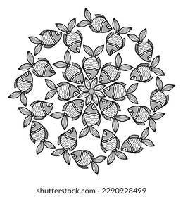 Mandala with fish. Vector design, hand-drawn. Meditative coloring book page for adults and children