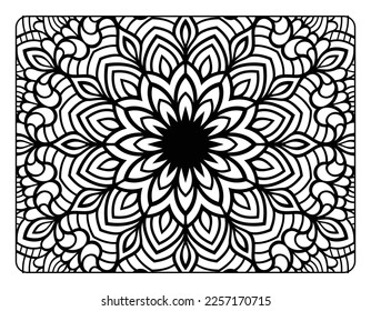 Mandala floral coloring page for adult coloring book, black and white mandala coloring page, hand drawn outlined doodle line art for adult coloring page interior