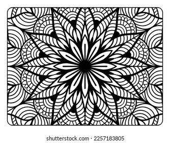 Mandala floral coloring page for adult coloring book, black and white mandala coloring page, hand drawn outlined doodle line art for adult coloring page interior