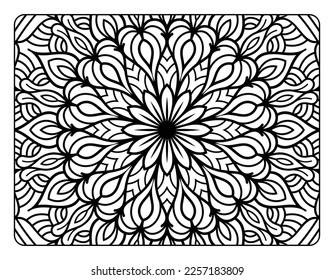 Mandala floral coloring page for adult coloring book, black and white mandala coloring page, hand drawn outlined doodle line art for adult coloring page interior