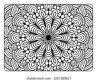 Mandala floral coloring page for adult coloring book, black and white mandala coloring page, hand drawn outlined doodle line art for adult coloring page interior