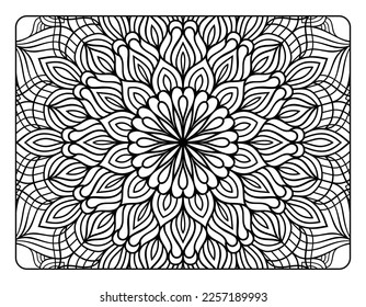 Mandala floral coloring page for adult coloring book, black and white mandala coloring page, hand drawn outlined doodle line art for adult coloring page interior