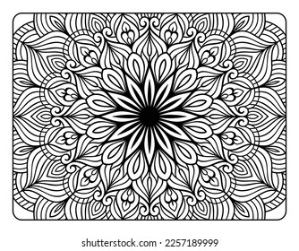 Mandala floral coloring page for adult coloring book, black and white mandala coloring page, hand drawn outlined doodle line art for adult coloring page interior