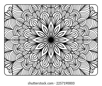 Mandala floral coloring page for adult coloring book, black and white mandala coloring page, hand drawn outlined doodle line art for adult coloring page interior