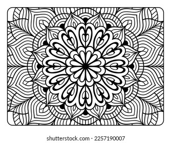 Mandala floral coloring page for adult coloring book, black and white mandala coloring page, hand drawn outlined doodle line art for adult coloring page interior