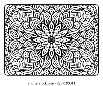 Mandala floral coloring page for adult coloring book, black and white mandala coloring page, hand drawn outlined doodle line art for adult coloring page interior