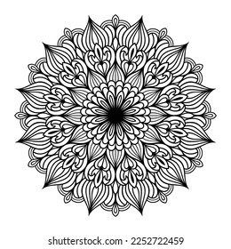 Mandala floral coloring page for adults relaxation, black and white mandala coloring page hand drawn outlined doodle line art, adult mandala for coloring page interior