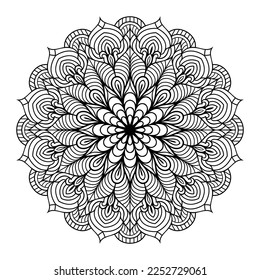 Mandala floral coloring page for adults relaxation, black and white mandala coloring page hand drawn outlined doodle line art, adult mandala for coloring page interior