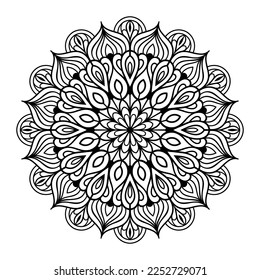 Mandala floral coloring page for adults relaxation, black and white mandala coloring page hand drawn outlined doodle line art, adult mandala for coloring page interior