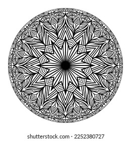 Mandala floral coloring page interior, hand drawn outlined mandala line art doodle for coloring page