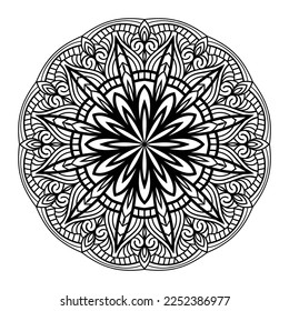 Mandala floral coloring page interior, hand drawn outlined mandala line art doodle for coloring page