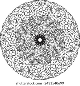 Mandala floral coloring page interior, hand drawn outlined mandala line art doodle for coloring page