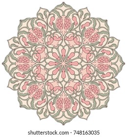 Mandala with floral elements on white background. Oriental ethnic ornament with pomegranate. Design element.