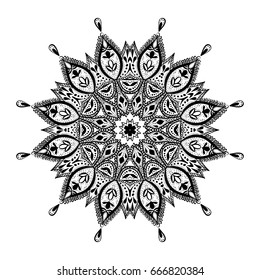 Mandala. Floral ethnic abstract decorative elements. Hand drawn background. Islam, arabic, indian, zentangle, tribal, african, ottoman motifs. Sketch texture for tattoo, coloring book, card or t-shirt