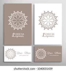 Mandala floral geometric ornament, colorful and white line symbol. Business card set. Monochrome linear pattern. Isolated design elements for logo, icon, label, emblem. Tribal ethnic decoration