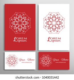 Mandala floral geometric ornament, colorful and white line symbol. Business card set. Monochrome linear pattern. Isolated design elements for logo, icon, label, emblem. Tribal ethnic decoration