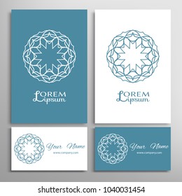 Mandala floral geometric ornament, colorful and white line symbol. Business card set. Monochrome linear pattern. Isolated design elements for logo, icon, label, emblem. Tribal ethnic decoration