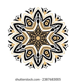 Mandala floral ornament with black and gold colors. Elegant Asian circle pattern with flowers, lines and dots. Symmetric geometric sacred symbol. Vector illustration.