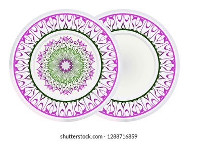 Mandala floral ornament for Decorative plates interior design. Empty dish, porcelain plate mock up design. Vector illustration. Home decor background. Purple, geen color.