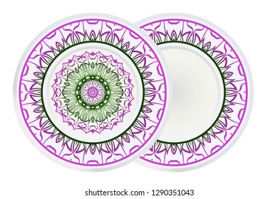 Mandala floral ornament for Decorative plates interior design. Empty dish, porcelain plate mock up design. Vector illustration. Home decor background. Purple, geen color.