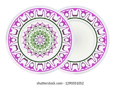 Mandala floral ornament for Decorative plates interior design. Empty dish, porcelain plate mock up design. Vector illustration. Home decor background. Purple, geen color.