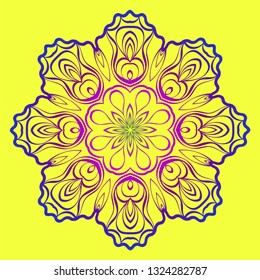 Mandala Floral Ornament. Pattern For Posters, Banners. Vector Illustration. Yellow purple gradient color.