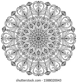Mandala, floral pattern. Black round oriental ornament on a white background. Vector pattern for tattoo, henna drawing, coloring book page. Element for placing on fabric, paper, glass