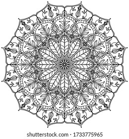 Mandala, floral pattern. Black round oriental ornament on a white background. Vector pattern for tattoo, henna drawing, coloring book page. Element for placing on fabric, paper, glass