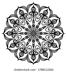 Mandala, patrón floral. Ornamento oriental redondo negro sobre fondo blanco. Patrón vectorial para tatuajes, dibujo de henna, página de libro de coloreo. Elemento de colocación en tela, papel, vidrio