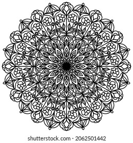 Mandala, Blumenmuster. schwarz-runde orientalische Ornamente auf weißem Hintergrund. Vektormuster für Tätowierung, Henna-Zeichnung, Farbbuchseite. Element zum Aufsetzen auf Stoff, Papier, Glas. Antistress