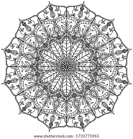 Mandala, floral pattern. Black round oriental ornament on a white background. Vector pattern for tattoo, henna drawing, coloring book page. Element for placing on fabric, paper, glass