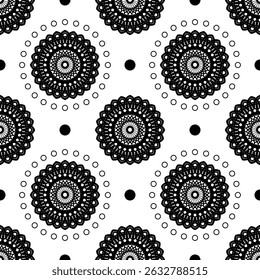 Mandala floral pattern. Black and white floral pattern fabric. Floral pattern design for background, wallpaper, clothing, textile, wrapping, print, home decor, cover, mosaic