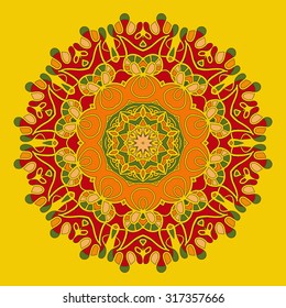 Mandala floral pattern: intricate circular design features vibrant interplay of colours with detailed geometric starburst at centre, composed of interlocking shapes and delicate linear elements surrounded by concentric circles. Central motif showcases array of yellows, greens, oranges, and reds creating warm inviting palette that exudes energy and harmony. Background presents bold flat yellow amplifying vibrancy while serving striking contrast to ornamental detailing. Outer rim richly adorned with elaborate curves, spirals, and flowery shapes meticulously arranged to create symmetry and balance. Each layer displays alternating colours including deep reds and bright greens lending depth and dimension to artwork. Composition offers harmonious structure directing gaze inward toward radiant centre with atmosphere evoking tranquility and positivity. This illustration suits various applications including home decor, meditation and wellness materials, greeting cards, and branding for holistic products.