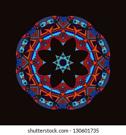 Mandala floral pattern: intricate geometric artwork with symmetrical arrangement of vivid colours and shapes that evoke harmony and balance. Central element features large flower-like motif in deep blue, surrounded by stylized floral ornamentation and angular forms in vibrant red, orange, and turquoise hues. Colour palette blends warm and cool tones, creating energetic yet soothing visual experience. Circular composition draws viewer gaze toward focal point that radiates outward in harmonious design. Contrasting pigments against deep black setting enhance vibrancy, making illustration pop and engage audiences. Detailed craftsmanship showcases precise line work and symmetrical equilibrium typical of traditional mandala art forms. This piece suits applications in fabrics, wall covering projects, digital artistic endeavors, and holistic wellness branding, evoking feelings of tranquillity, creativity, and unity.