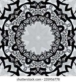 Mandala floral pattern: intricate symmetrical design features star shape at center, radiating outward with layered ornate swirls and delicate motifs. Black lines contrast against soft gray background, enhancing depth while creating striking visual effect through repetitive nature. This artwork showcases meticulous craftsmanship, emanating harmony and balance through radial symmetry and geometric shapes. Curvilinear lines and abstract forms surround central focal point, creating engaging visual rhythm that draws eye toward middle. Calming yet dynamic aesthetic suits various applications like interior design, wellness products, or artistic ventures. Monochromatic palette with black-and-white scheme makes illustration versatile for print and digital uses, ideal for meditation-themed projects.