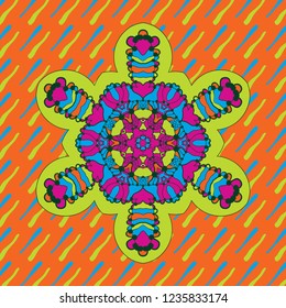 Mandala floral pattern: lively symmetrical illustration displays central flowery design with bold shapes in kaleidoscopic arrangement, featuring electric blues, vivid pinks, and bright greens. Thick lime green outline accentuates intricate details within ornamental motif, radiating cheerful and dynamic atmosphere. Striking orange background includes playful diagonal brush strokes in yellow and aquamarine hues, adding movement and energy to composition. Balanced arrangement draws viewer gaze with central mandala, while backdrop offers visual texture without distraction. Contemporary style and colorful elements suit youth-oriented brands, event promotions, and creative workshops. Ideal for fashion, art prints, stationery designs, and digital wallpapers, evoking feelings of creativity, joy, and vibrancy for creative industries.